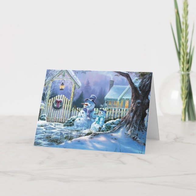 Tarjeta Festiva Hombre De Nieve En Invierno Frente A Una Cabaña De (Anverso)