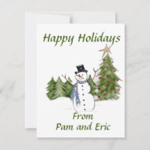 Hombre de nieve en pinos saluda fiesta navideña