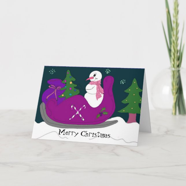 Tarjeta Festiva Hombre de nieve en Sleigh (Anverso)