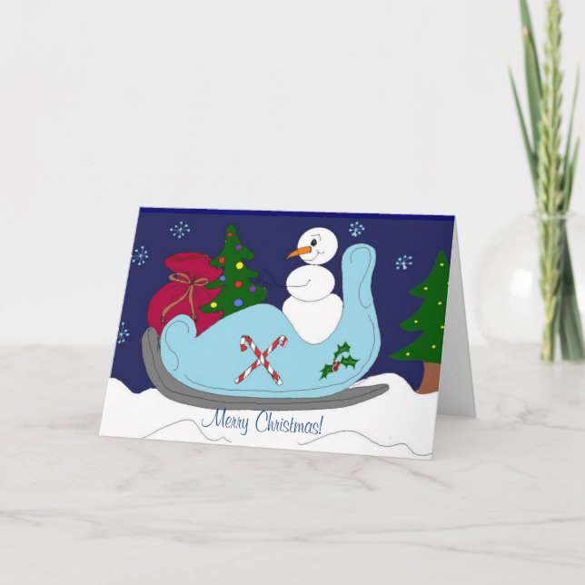 Tarjeta Festiva Hombre de nieve en Sleigh (Anverso)