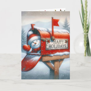 Tarjeta Festiva Hombre de nieve en un buzón de vacaciones