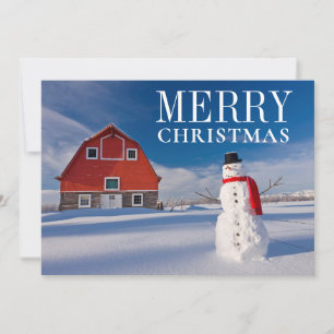 Tarjeta Festiva Hombre de nieve frente al Barn Rojo Vintage