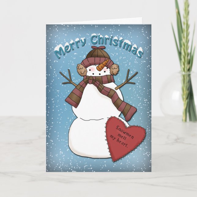 Tarjeta Festiva Hombre de nieve gracioso con gorra y bufanda (Anverso)