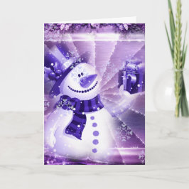 Tarjeta Festiva Hombre de nieve púrpura en invierno