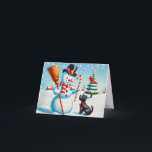 Tarjeta Festiva Hombre De Nieve Retro, Perro Cuto, Cardenal Rojo Y<br><div class="desc">Esta es una escena de las vacaciones de invierno con un muñeco de nieve sonriente, un perro horrible y un cardenal rojo curioso, rodeado de abetos en una escena de invierno. Hace un Navidad maravilloso o una decoración fiesta de Acción de Gracias. Personalice este diseño con un monograma, nombre o...</div>