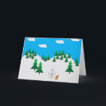 Tarjeta Festiva Hombre de nieve y ardilla en campo<br><div class="desc">Ilustrado muñeco de nieve y ardilla en un campo de pino nevado con cielos azules y nubes.</div>