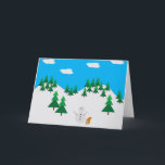 Tarjeta Festiva Hombre de nieve y ardilla en campo<br><div class="desc">Ilustrado muñeco de nieve y ardilla en un campo de pino nevado con cielos azules y nubes.</div>