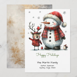 Tarjeta Festiva Hombre de nieve y reno felices