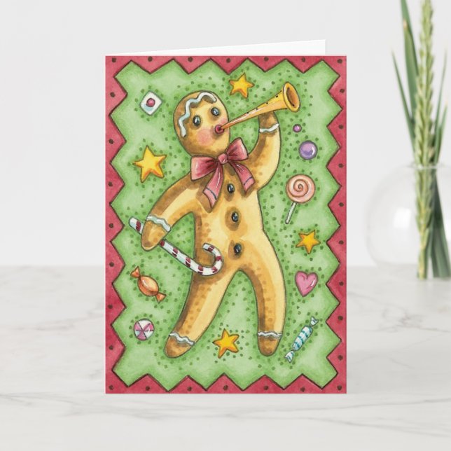 Tarjeta Festiva Hombre de pan de jengibre que sopla el cuerno, Nav (Anverso)