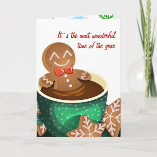 Tarjeta Festiva Hombre de Pan de Jengibre Relajándose en una Taza