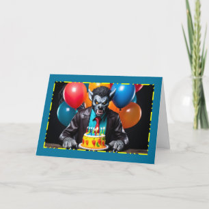 Tarjeta Festiva Hombre lobo con pastel de cumpleaños - Cumpleaños 