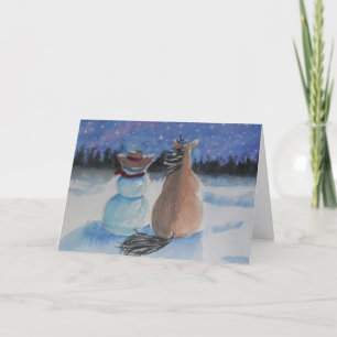 Tarjeta Festiva Hombre Vaquero Muñeco de Nieve y Caballo Escena de