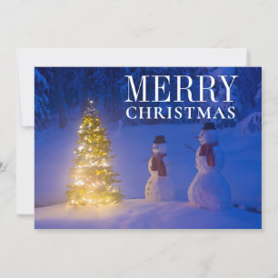 Tarjeta Festiva Hombres De Nieve Parados Al Lado Del Árbol De Nav