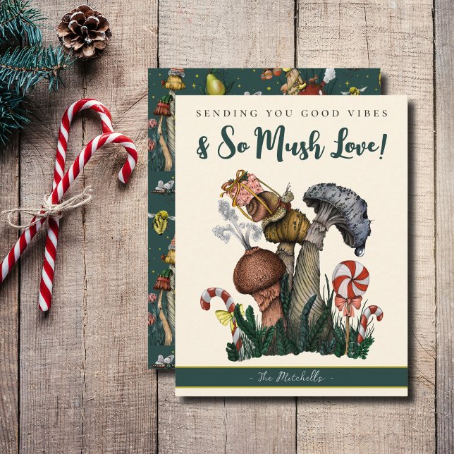 Tarjeta Festiva Hongos de caracoles verdes muy buenos Navidades (So Mush Love Mushroom Christmas Cards)