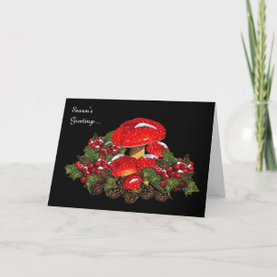Tarjeta Festiva Hongos navidades sobre negro, nieve, holly, pino
