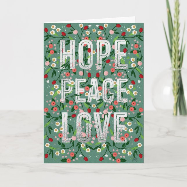 Tarjeta Festiva Hope Peace Ama a los Navidades botánicos (Anverso)