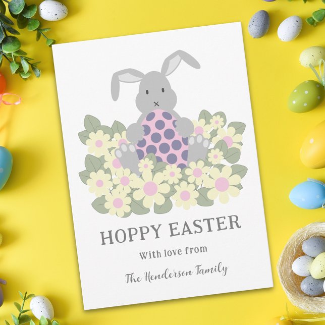 Tarjeta Festiva Hoppy Easter Bunny Floral (Personalized cute hoppy Easter bunny floral holiday greetings card)