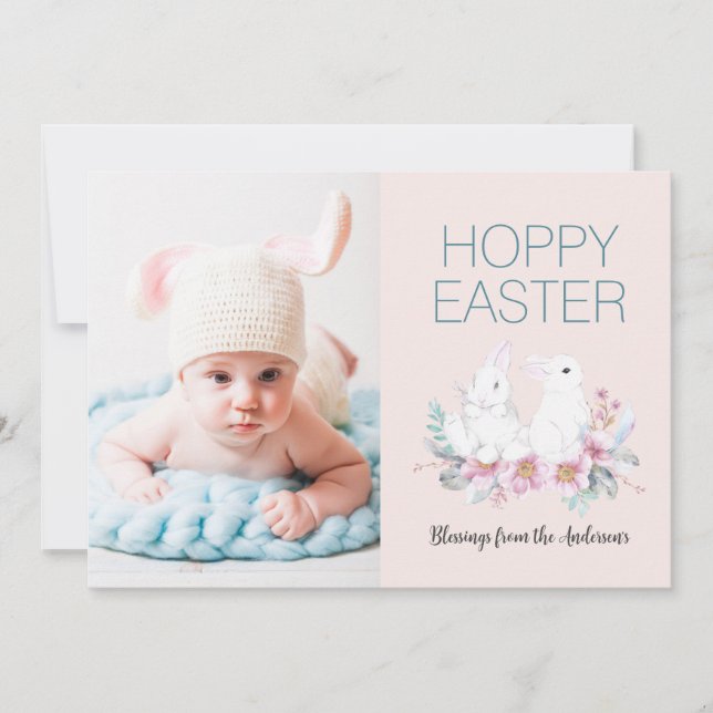 Tarjeta Festiva Hoppy Easter Bunny Floral Photo Holiday Card (Anverso)