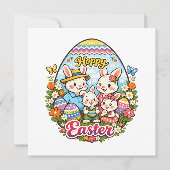 Tarjeta Festiva Hoppy Easter Colorful Cartoon Bunny Family Graphic (Anverso)