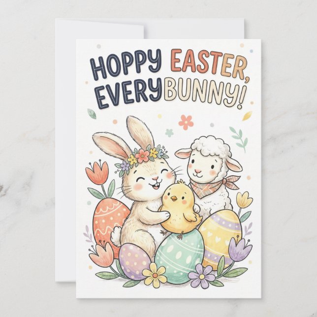 Tarjeta Festiva Hoppy Easter, Everybunny! - Cute Easter Greeting (Anverso)