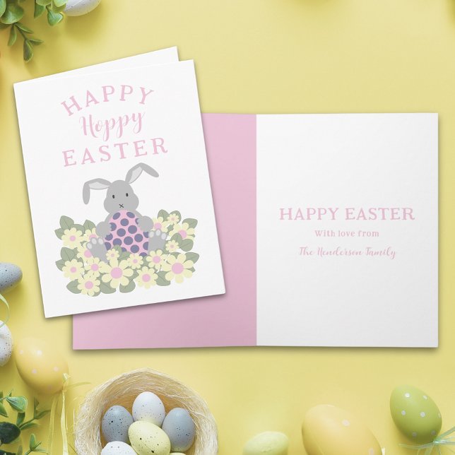 Tarjeta Festiva Hoppy Happy Easter Cute Bunny Floral (Personalized happy hoppy Easter cute bunny daisy spring floral pink folded holiday card)