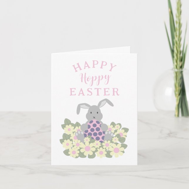 Tarjeta Festiva Hoppy Happy Easter Cute Bunny Floral (Anverso)