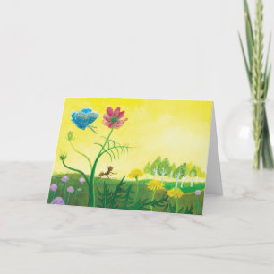 Tarjeta Festiva Hormiga y mariposa en prado de flores silvestres