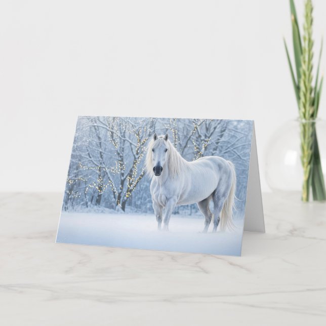 Tarjeta Festiva Horse in Snow with Lights Holiday Christmas (Anverso)