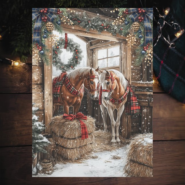 Tarjeta Festiva Horses Plaid Country Christmas Winter Barn Scene (Subido por el creador)