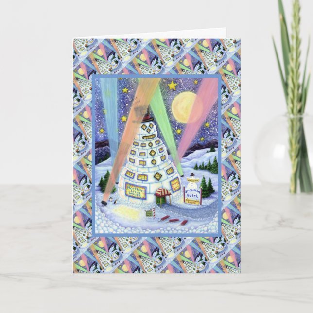 TARJETA FESTIVA HOTEL FUNNY SNOWMAN, LUCES DEL NORTE Y PENGUINAS (Anverso)