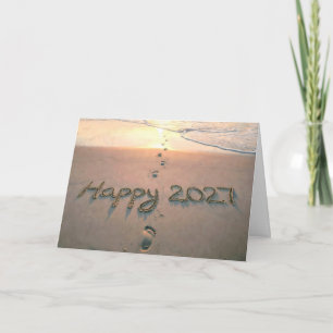 Tarjeta Festiva Huella de Año Nuevo 2027 en la Playa