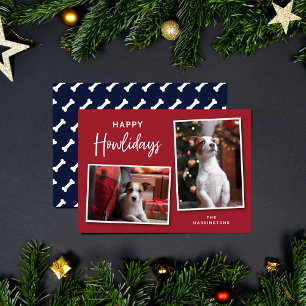 Tarjeta Festiva Huesos de perros rojos y azules Felices Howlidays 