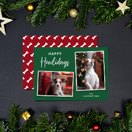 Tarjeta Festiva Huesos de perros verdes y rojos Felices Howlidays 