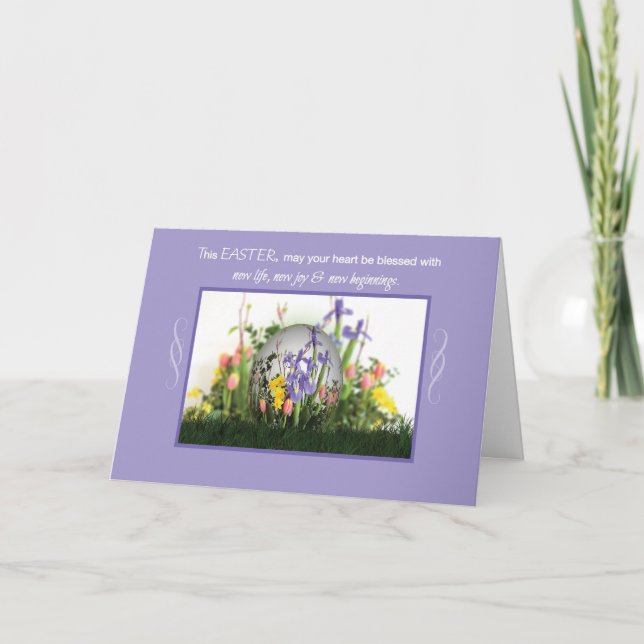 Tarjeta Festiva Huevo de bendición de Pascua en flores y religión (Anverso)