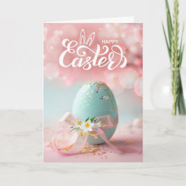 Tarjeta Festiva Huevo de Pascua azul con cinta y narcisos