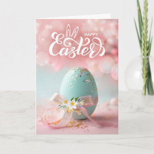 Tarjeta Festiva Huevo de Pascua azul con cinta y narcisos