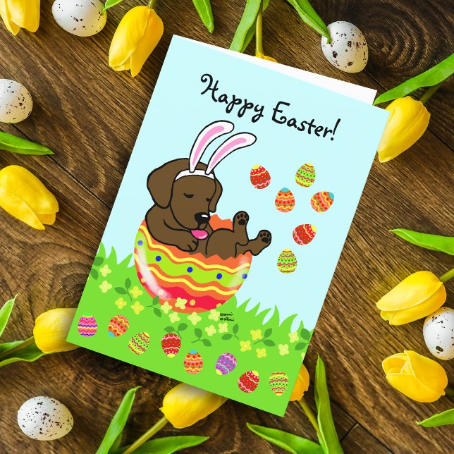 Tarjeta Festiva Huevo de Pascua Chocolate Labrador Personalizado d (Easter Egg Chocolate Labrador Puppy card featuring cute Labrador Cartoon in the colorful Easter egg.)