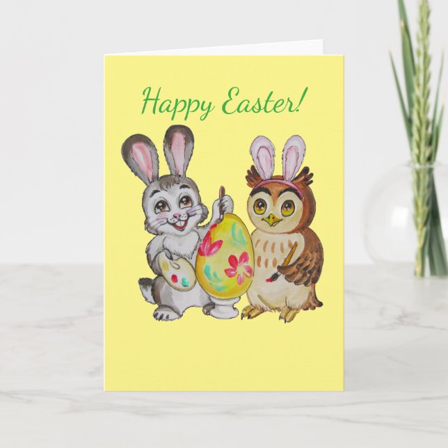 Tarjeta Festiva Huevo de pascua de la pintura feliz del conejito y (Anverso)