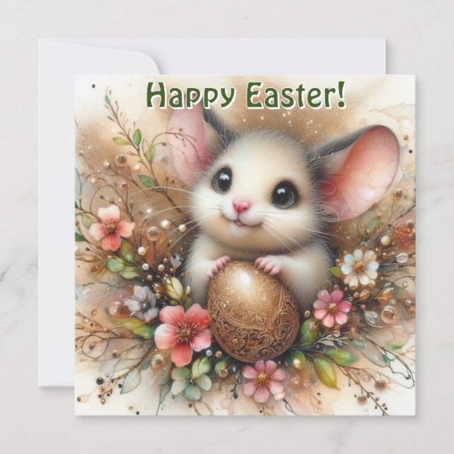 Tarjeta Festiva Huevo de Pascua y floral rosa del ratón Purpurina  (Anverso)