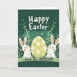 Tarjeta Festiva Huevo grande de Pascua y dos conejillos verdes