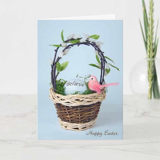 Tarjeta Festiva Huevo inspirador de Pascua en cesta (Anverso)
