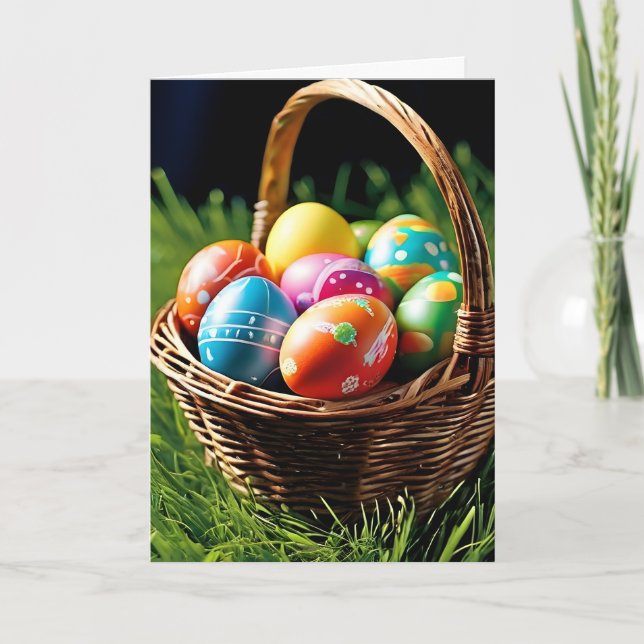 Tarjeta Festiva Huevo llenado Cesta de Pascua en el jardín (Anverso)