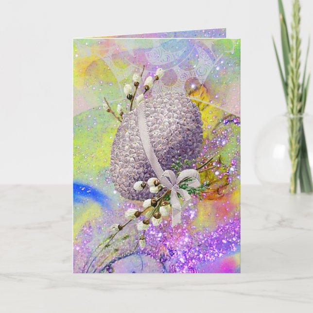 TARJETA FESTIVA HUEVO ORIENTAL PURPLE,BLOSSOMS BLANCO,DERRAMES AMA (Anverso)