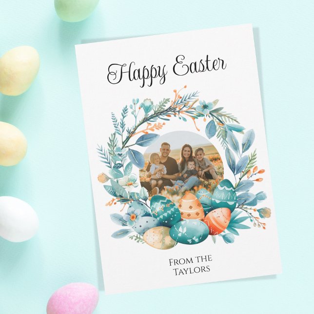 Tarjeta Festiva Huevos acuáticos Wreath Happy Easter Family Photo (easter egg wreath photo frame)