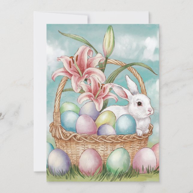 Tarjeta Festiva Huevos de Acuarela y Pastel de Lily con Conejo (Anverso)