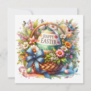 Tarjeta Festiva Huevos de Canasta de Pascua y Flores de Primavera