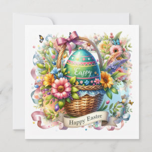 Tarjeta Festiva Huevos de Canasta de Pascua y Flores de Primavera