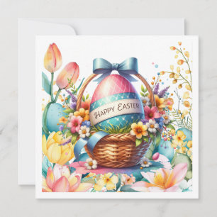 Tarjeta Festiva Huevos de Canasta de Pascua y Flores de Primavera