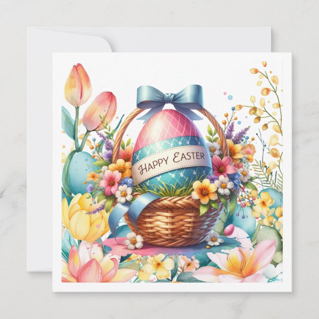 Tarjeta Festiva Huevos de Canasta de Pascua y Flores de Primavera (Anverso)