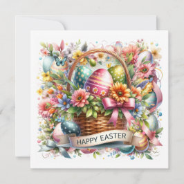 Tarjeta Festiva Huevos de Canasta de Pascua y Flores de Primavera